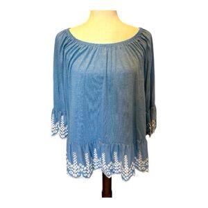 Fever Light Blue Eyelet Trim Top Size Large